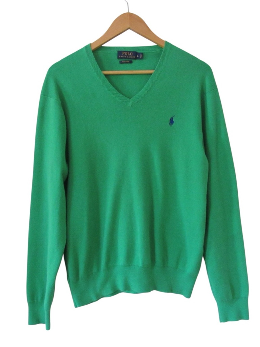 Polo Ralph Lauren Green V-Neck Sweater Large Pima Cotton Long Sleeves Preppy